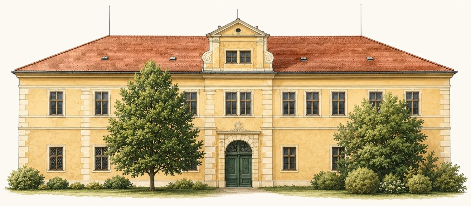 Ilustrace čelního pohledu na Zámek Cítoliby se žlutou fasádou, červenou taškovou střechou, středovým štítem a zelenými vstupními vraty